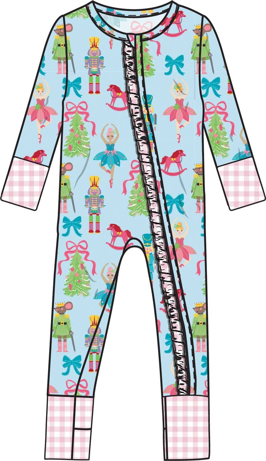 SoftSnooze™ Baby Girls Bamboo Viscose Nutcracker Christmas Wishes Convertible Ruffle One Piece Footie Pajama, Color: Blue, Size: 18-24m