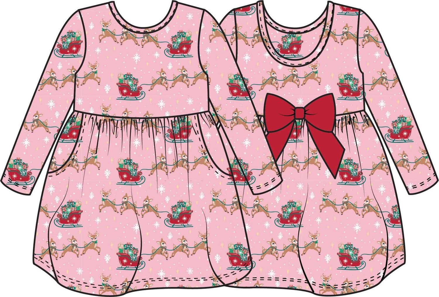 Girls Pink Christmas Reindeer Sleigh Ride Knit Long Sleeve Twirl Dress