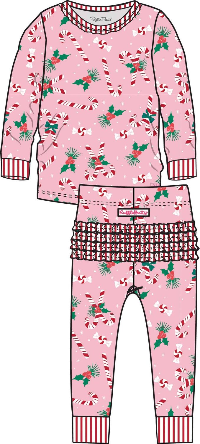 Holly Candy Canes Christmas Ruffle Long Sleeve Pajama Set with Signature Rear Ruffles, Color: Pink, Size: 3T