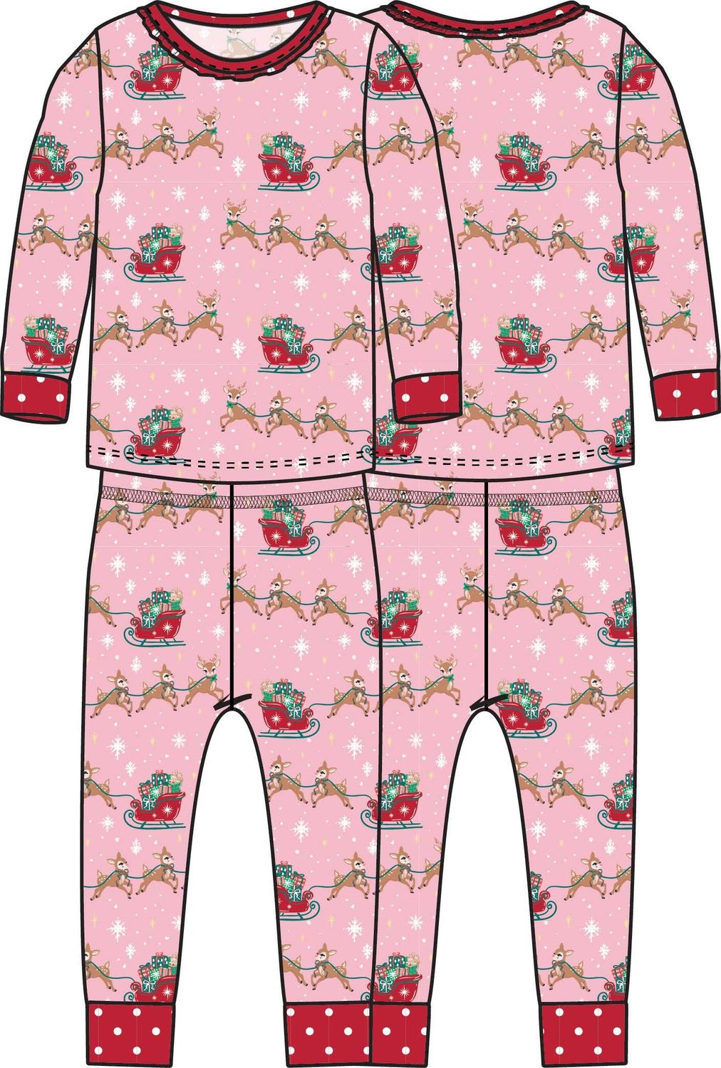 Bamboo Pink Christmas Reindeer Sleigh Ride Ruffle Pajama Set