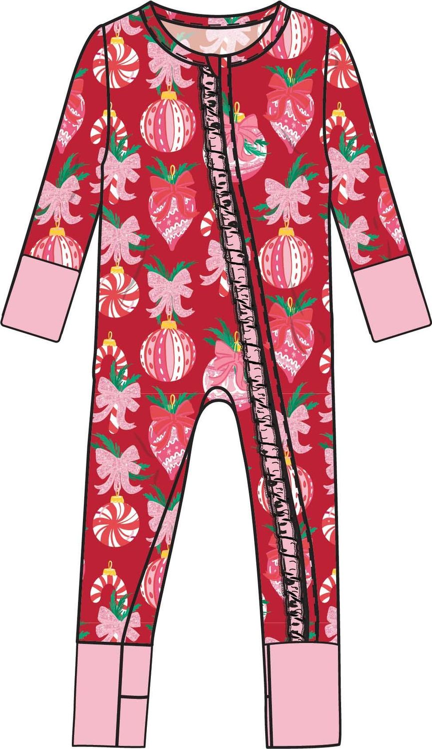 Red Holly Christmas Ornament Bows Convertible Pajama, Color: Multi-Color, Size: 0-3m
