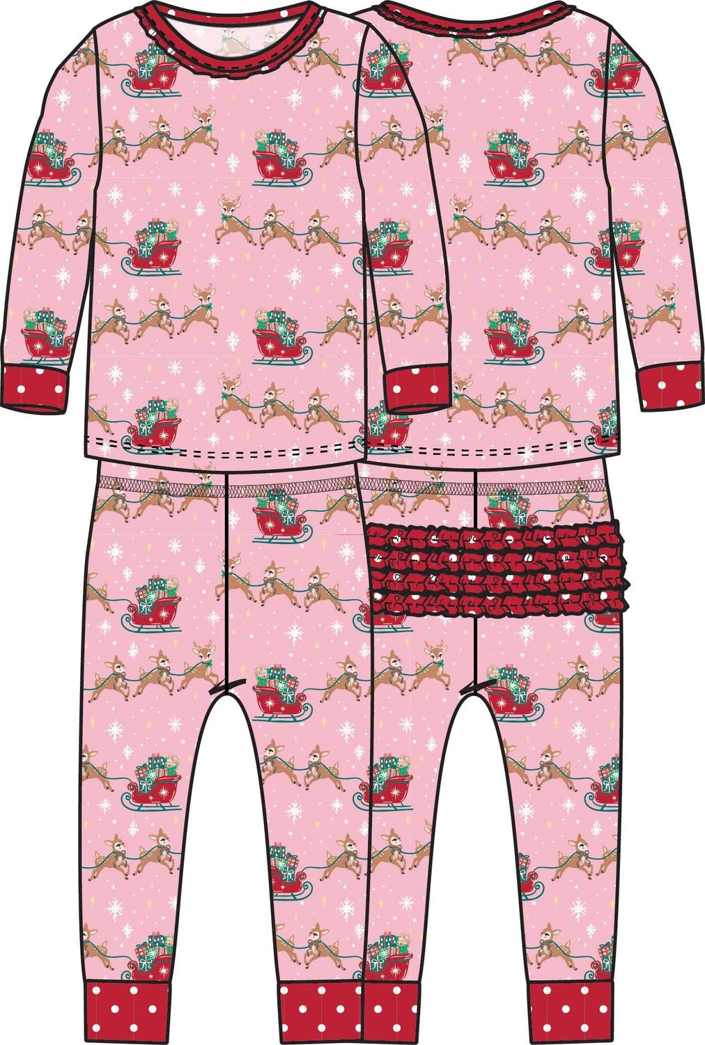 Pink Christmas Reindeer Sleigh Ride Ruffle Pajama Set