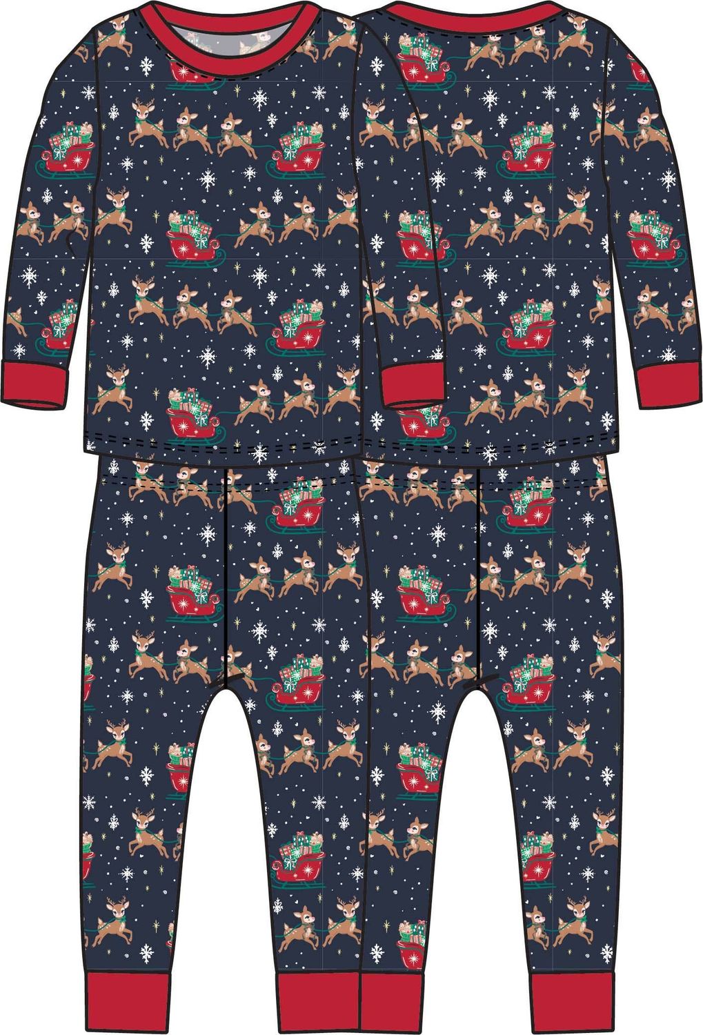 Blue Christmas Reindeer Sleigh Ride Long Sleeve Pajama Set