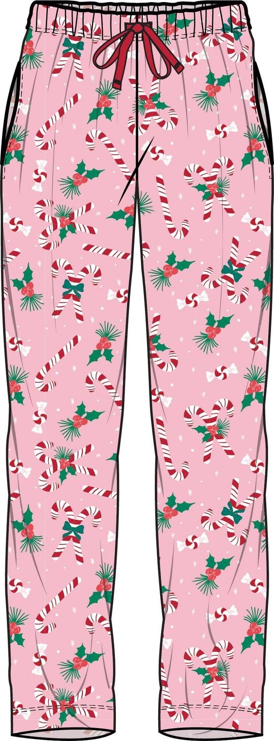 Adult Cotton Modal Holly Candy Canes Christmas Pajama Pants, Color: Pink, Size: Adult M