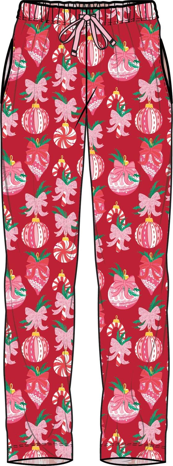 SoftSnooze™ Adult Bamboo Viscose Red Holly Christmas Ornament Bows Pajama Pants