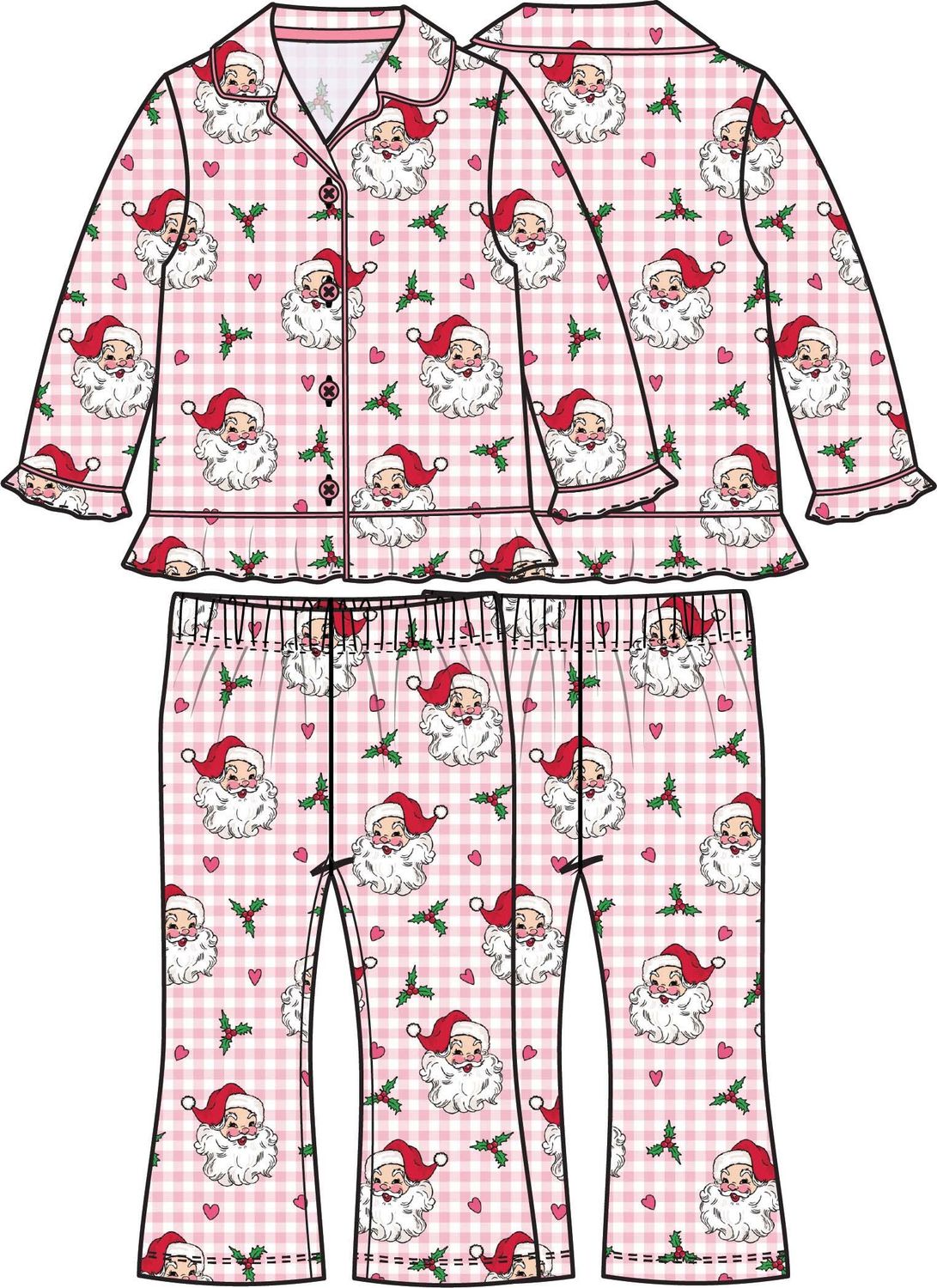 Pink Dear Santa Long Sleeve Button Up Ruffle Flare Pajama Set