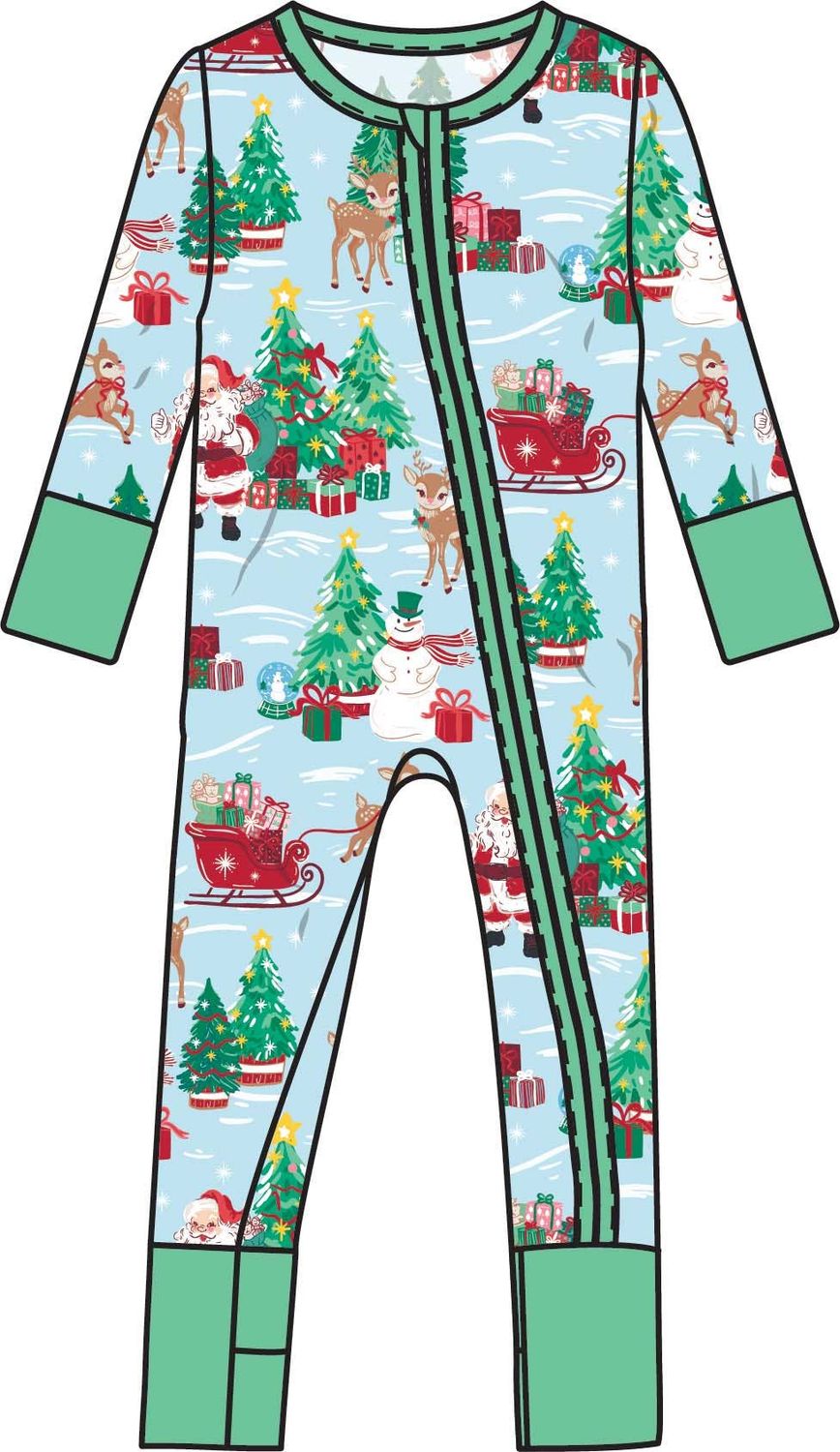 SoftSnooze™ Baby Bamboo Viscose Santa Wonderland Christmas Convertible One Piece Footie Pajama(1), Color: Blue, Size: 6-12m