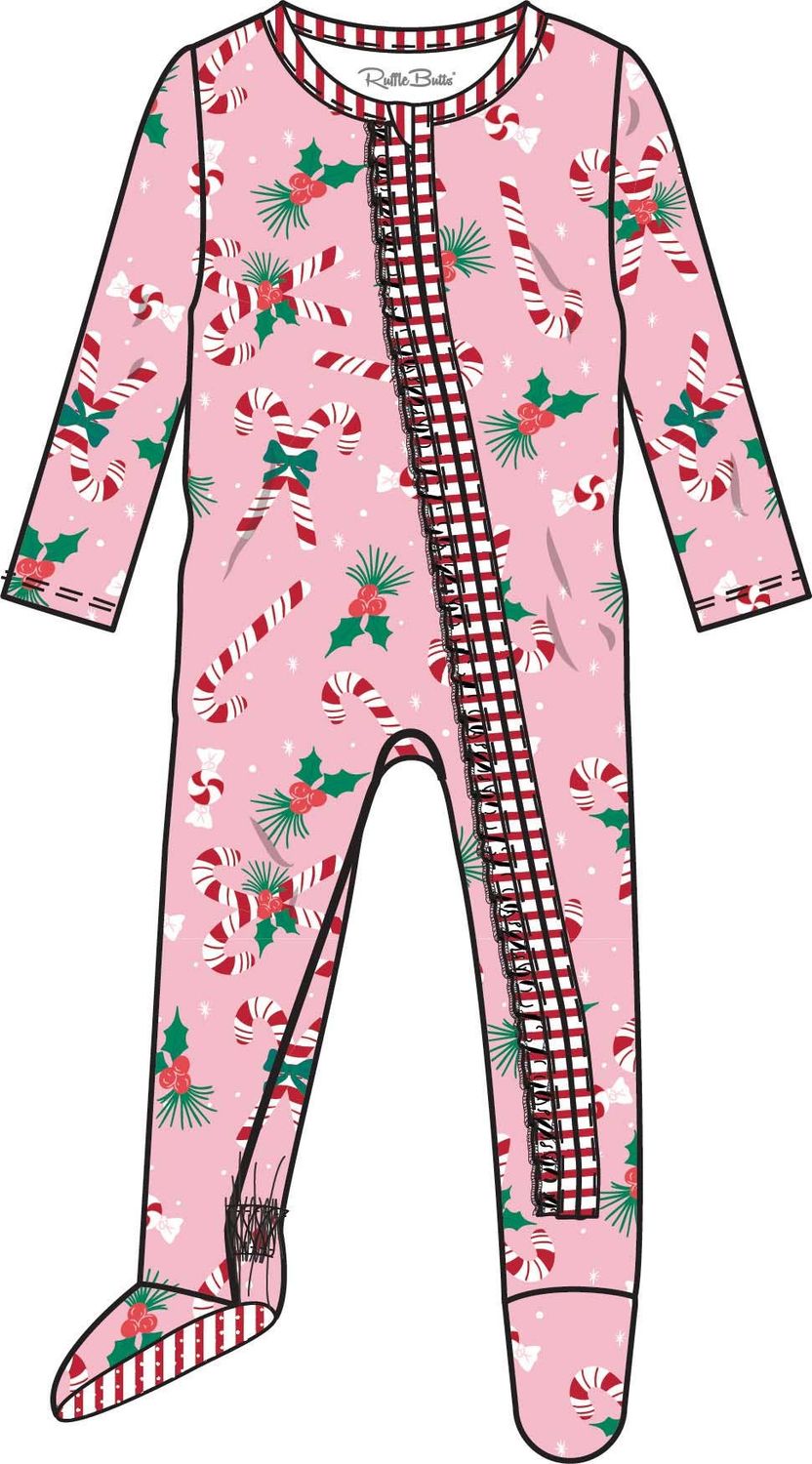 Holly Candy Canes Christmas Footed Ruffle One Piece Pajama, Color: Pink, Size: 6-12m