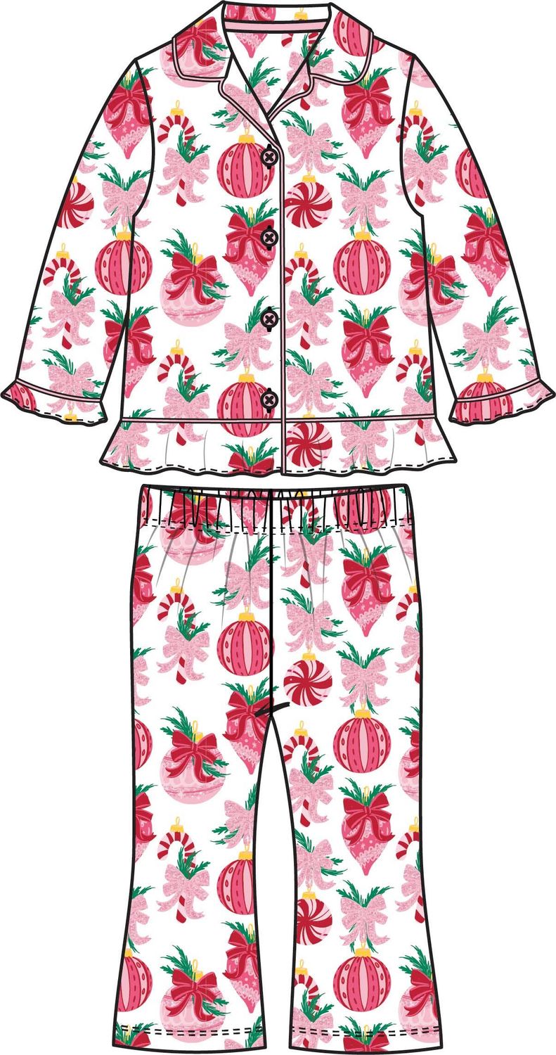 Holly Christmas Ornament Bows Button Up Ruffle Flare Pajama Set, Color: Red, Size: 12/14