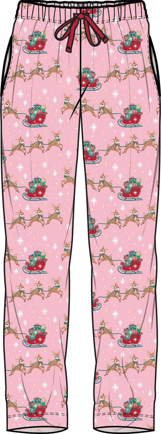 SoftSnooze™ Adult Bamboo Viscose Pink Christmas Reindeer Sleigh Ride Pajama Pants