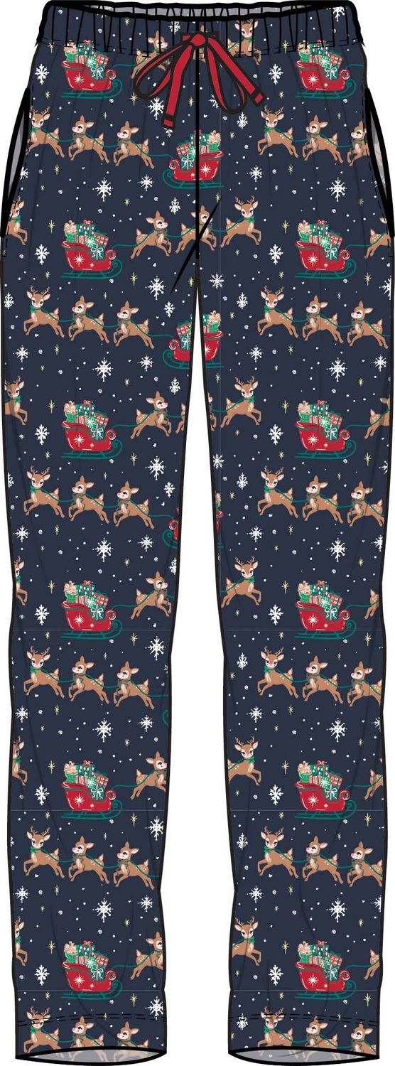 SoftSnooze™ Adult Bamboo Viscose Blue Christmas Reindeer Sleigh Ride Pajama Pants