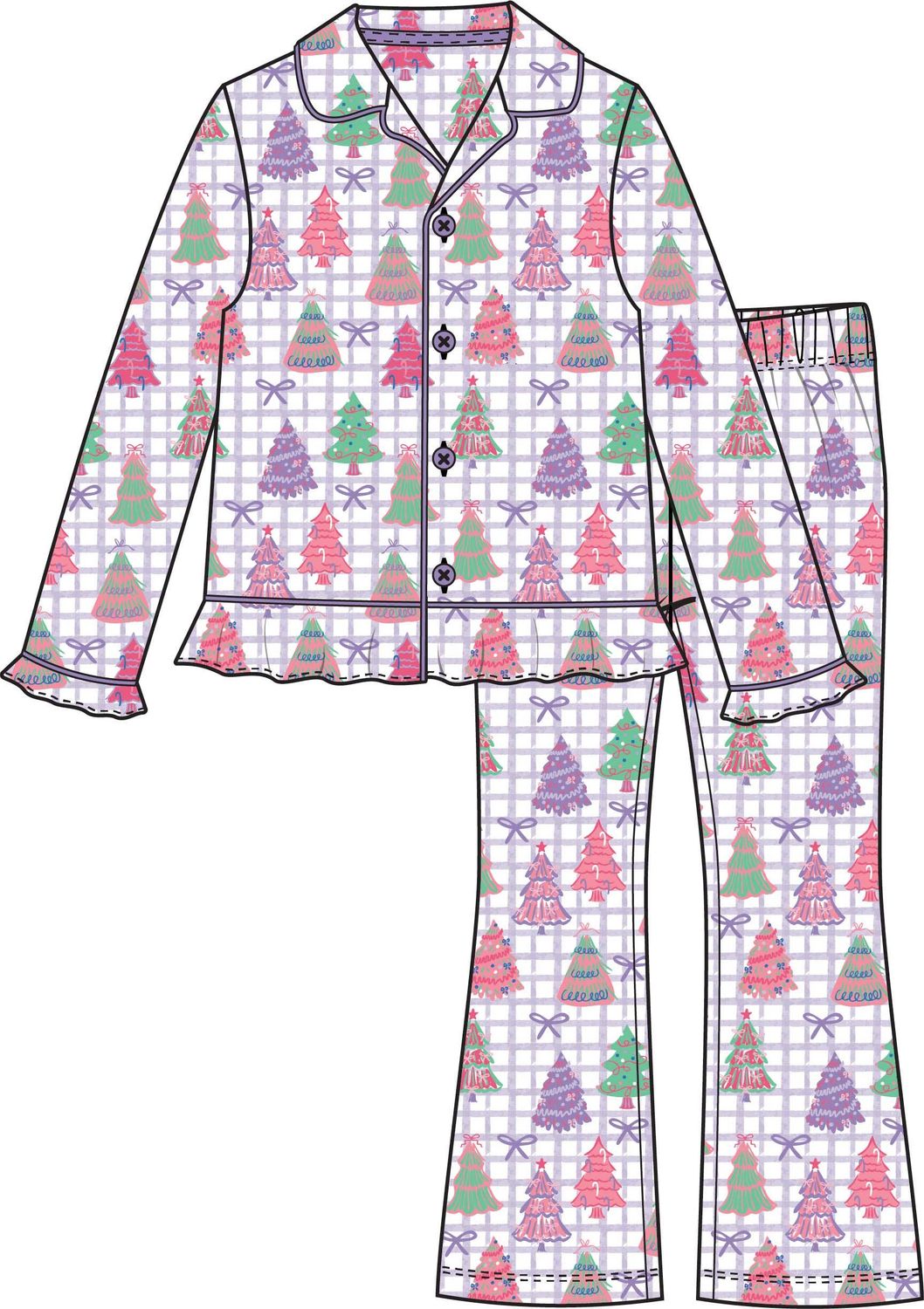 Women's Purple Bow Christmas Pines Long Sleeve Button Up Ruffle Flare Pajama Set