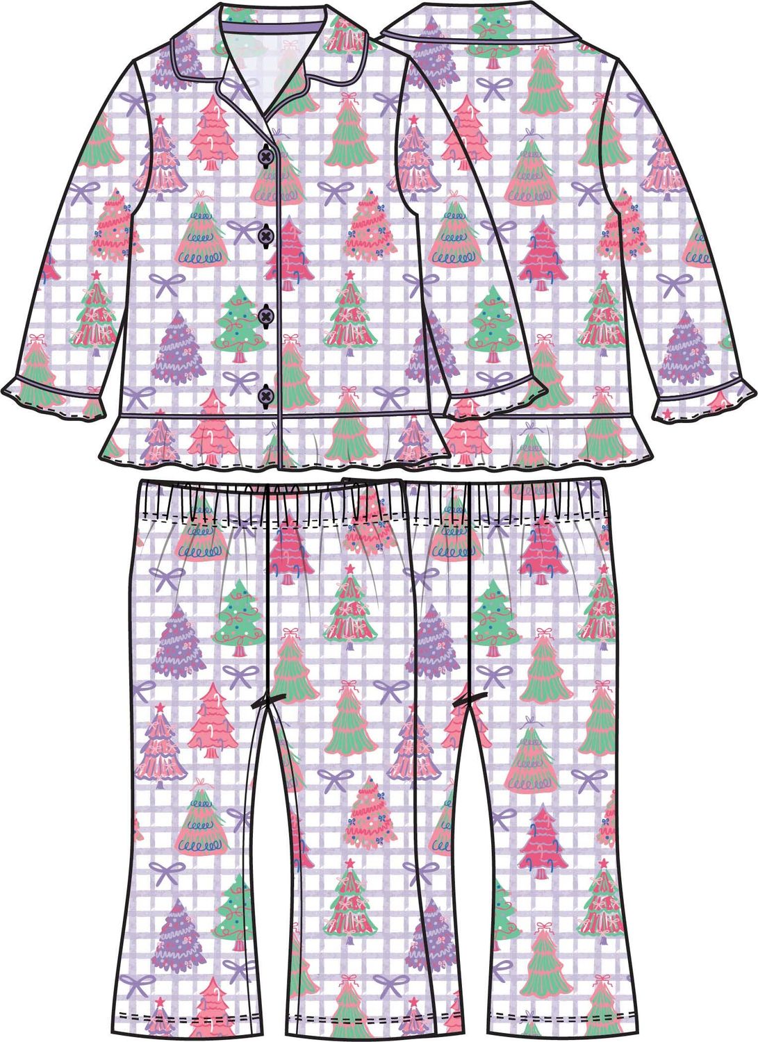Purple Bow Christmas Pines Long Sleeve Button Up Ruffle Flare Pajama Set