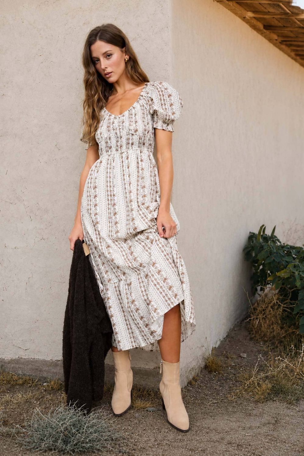 FLORAL STRIPE PUFF SLEEVE RUFFLED MIDI DRESS
