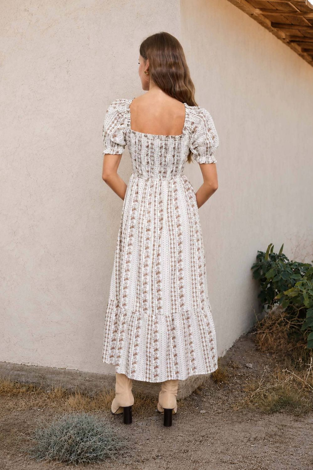 FLORAL STRIPE PUFF SLEEVE RUFFLED MIDI DRESS