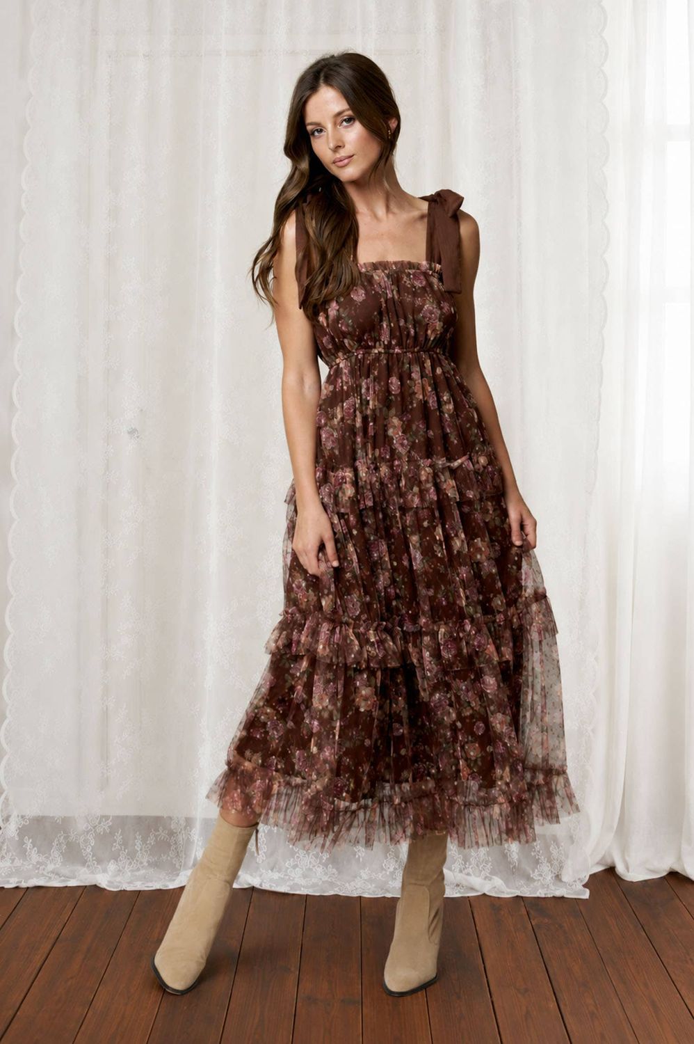 FLORAL CHIFFON TIE STRAP RUFFLED TIERED MIDI DRESS, Color: BROWN MULTI, Size: S