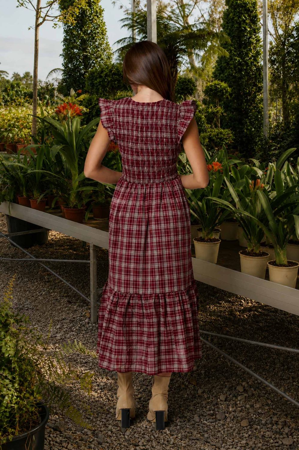 PLAID SMOCKED V NECK BUTTON DOWN RUFFLED MIDI DRES