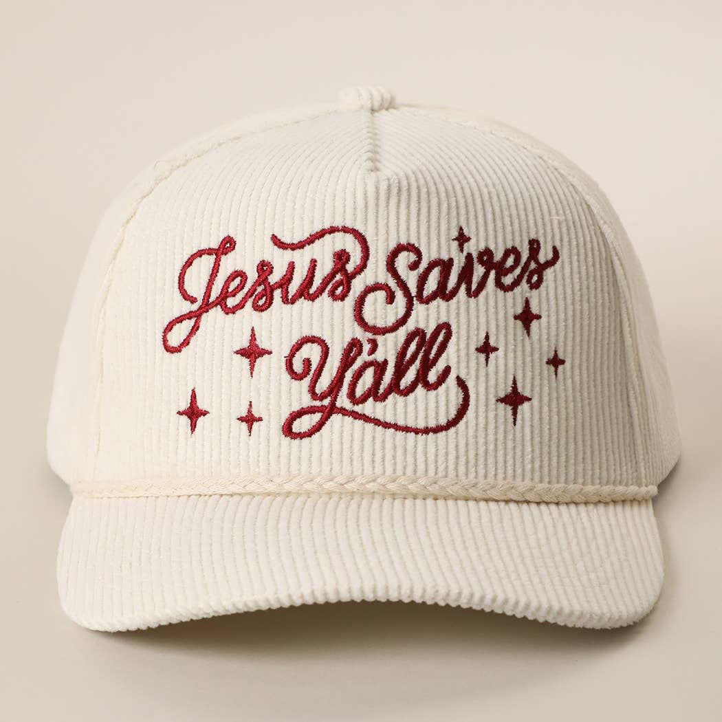 Jesus Saves Y'all Embroidered Corduroy Rope Trucker Hat, Color: OFF WHITE, Size: ONE SIZE
