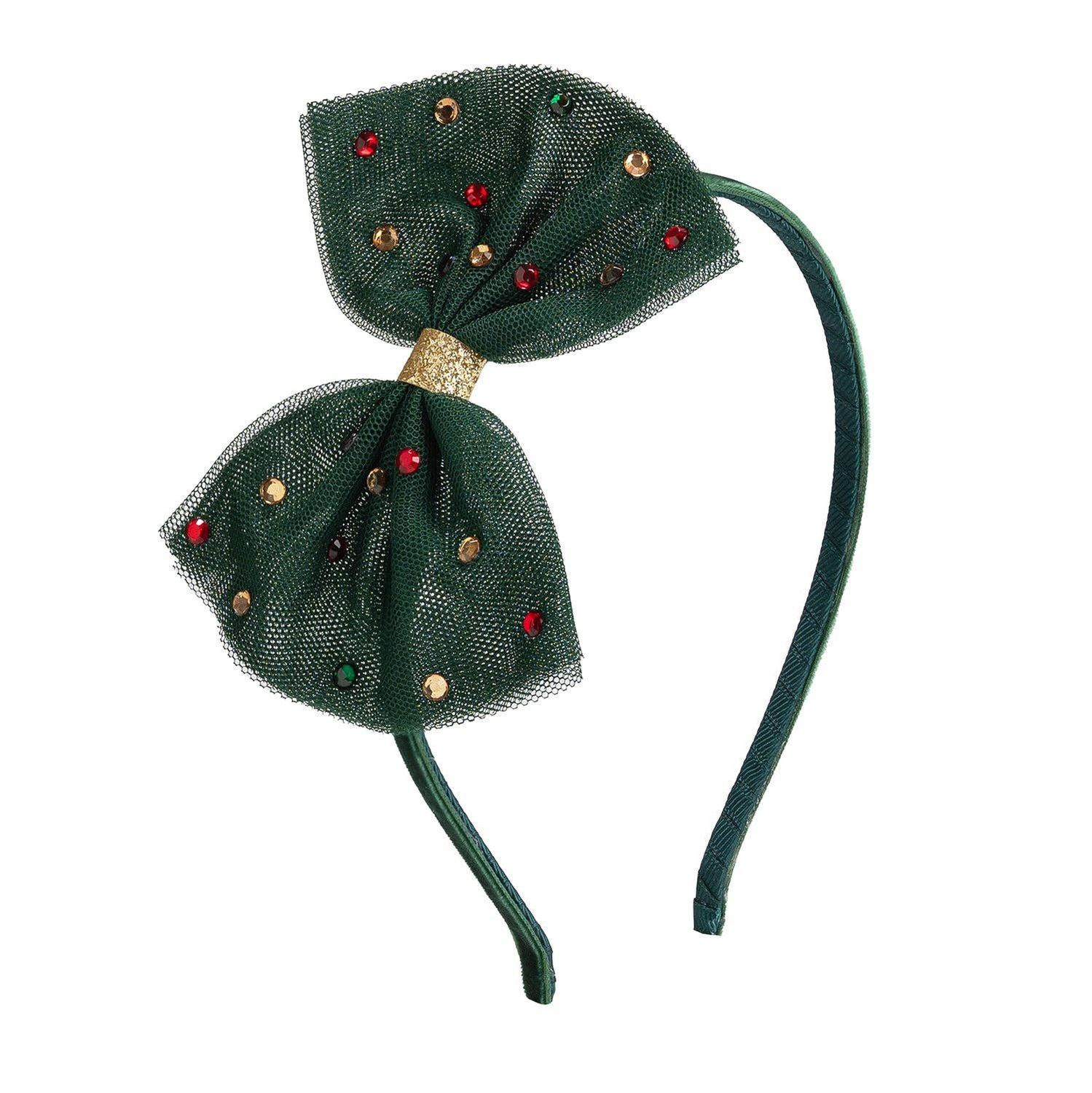 Emerald Rhinestone Christmas Tulle Bow Headband - Kids Hair