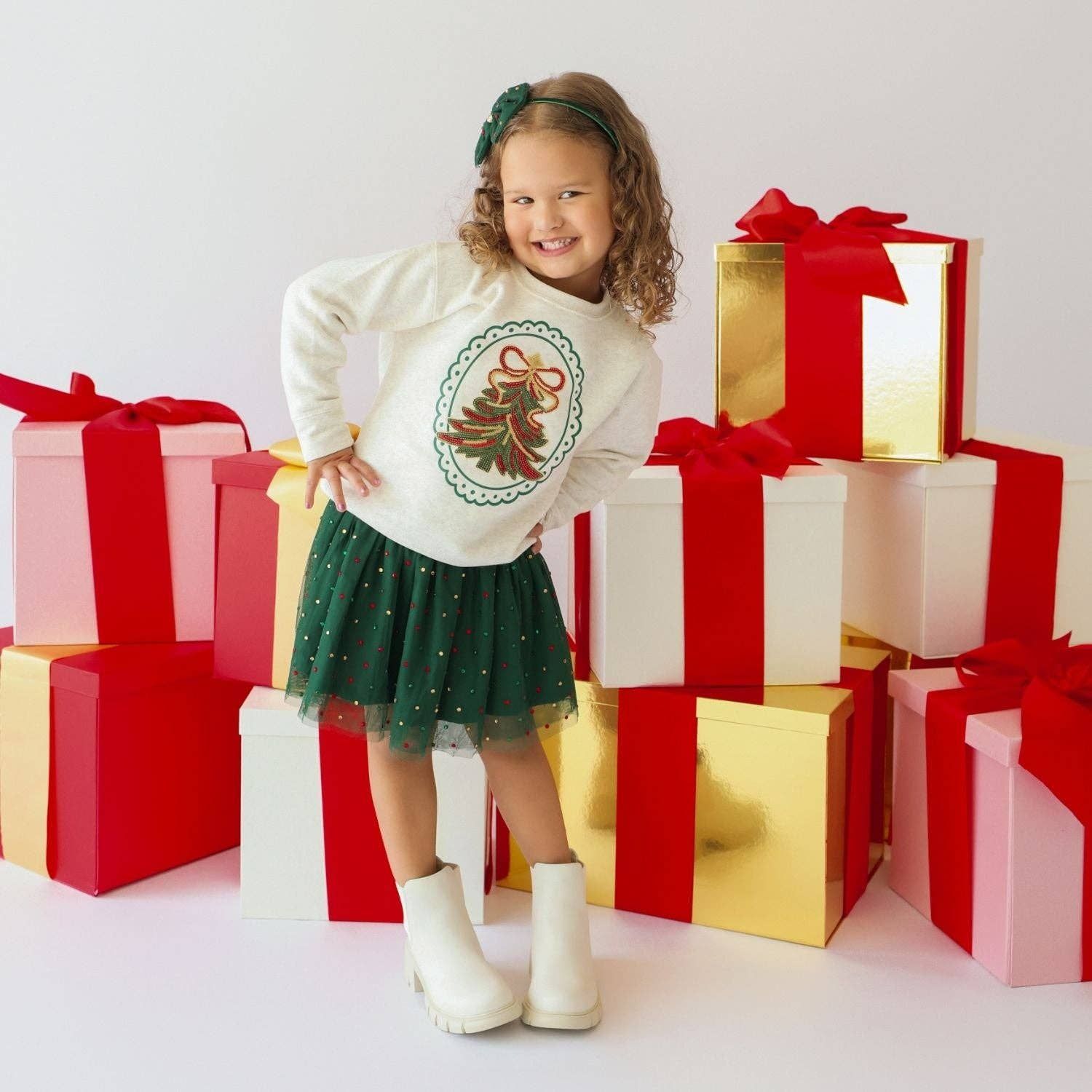 Emerald Rhinestone Christmas Tulle Bow Headband - Kids Hair