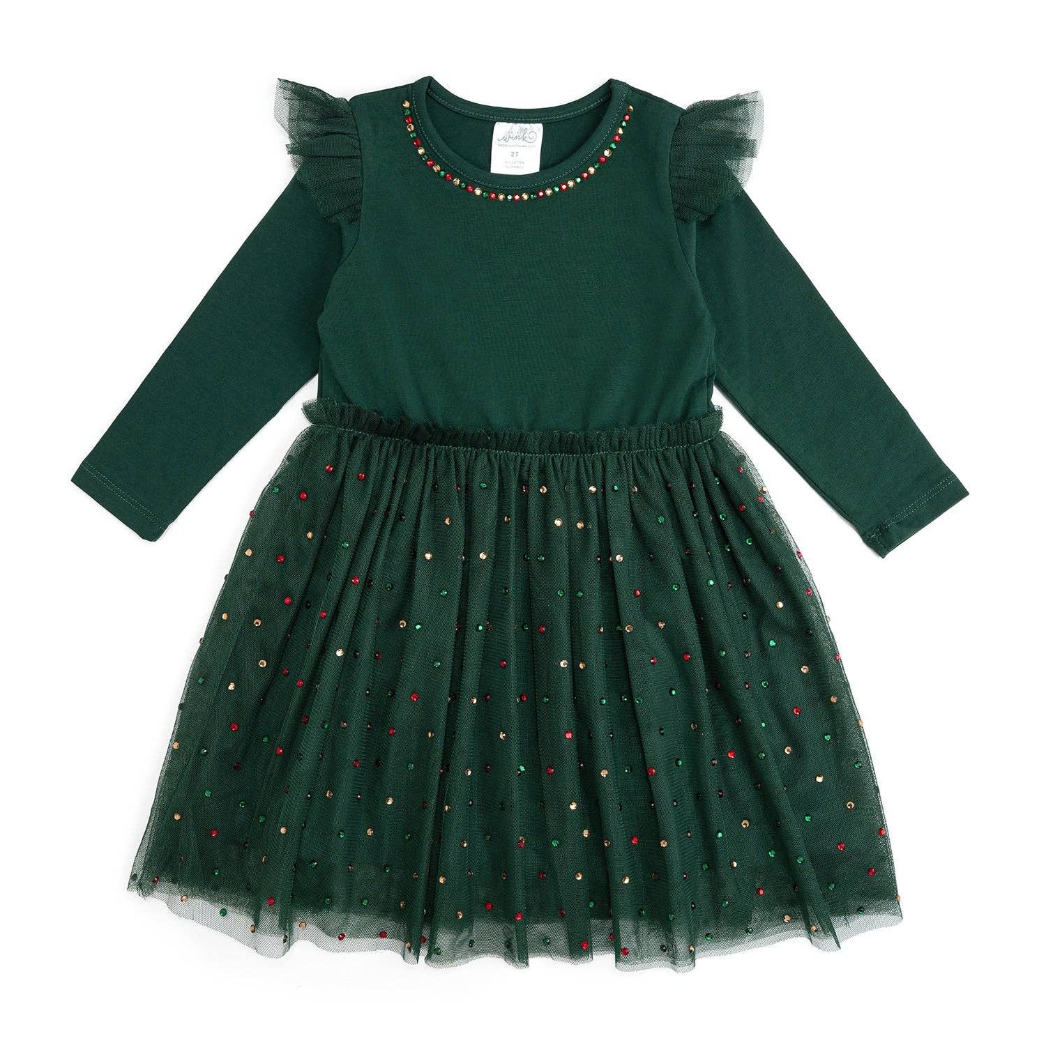 Emerald Rhinestone Christmas Long Sleeve Tutu Dress - Kids