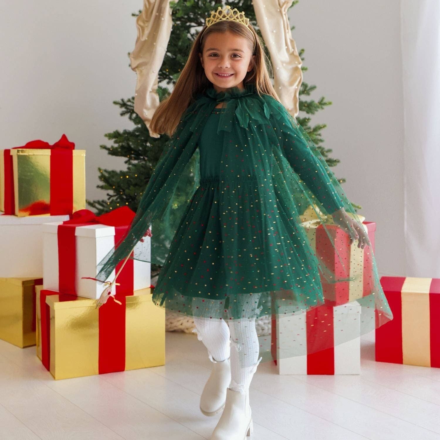 Emerald Rhinestone Christmas Long Sleeve Tutu Dress - Kids