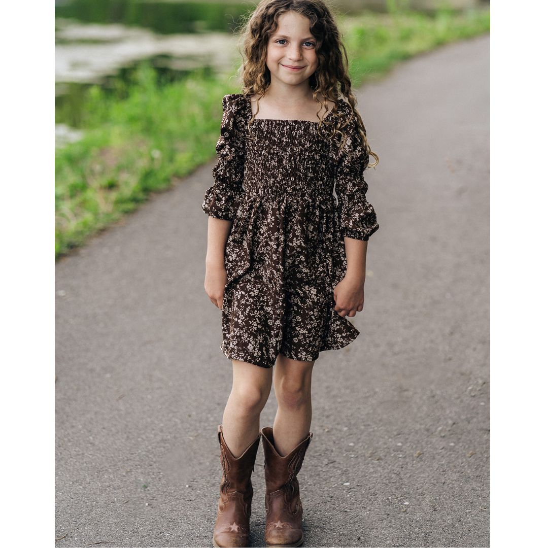 Mommy and Me Dainty Floral Brown Dress- Child