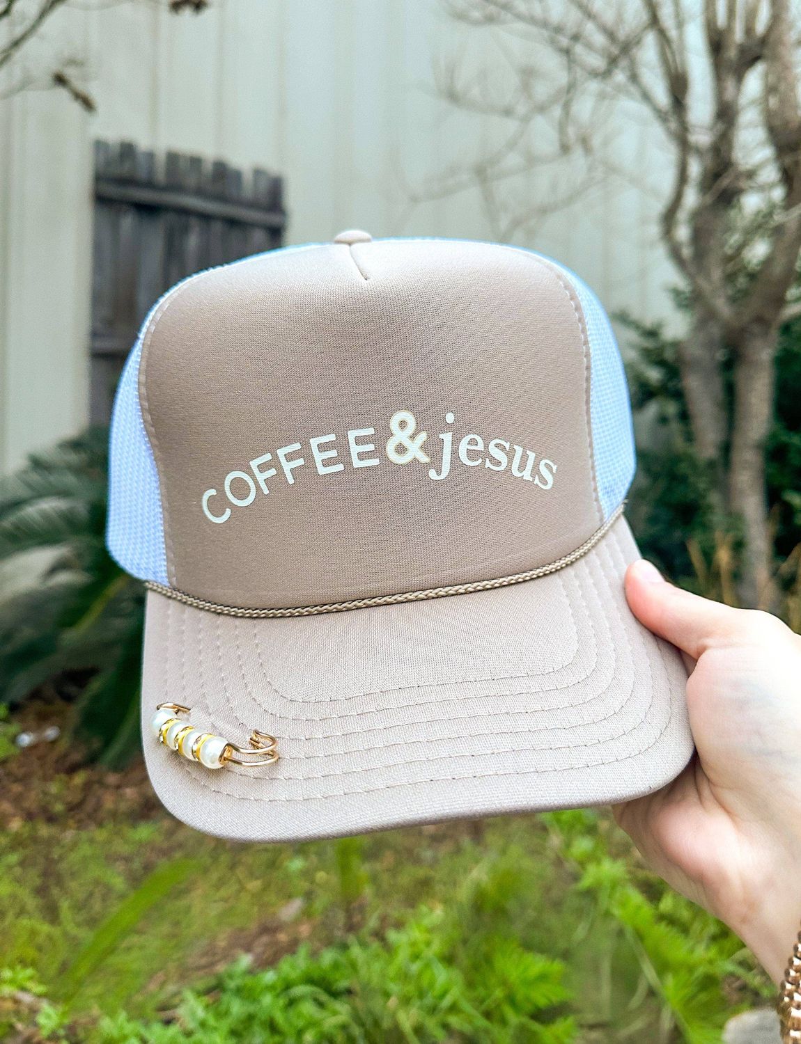 Coffee &amp; Jesus Khaki/White Trucker