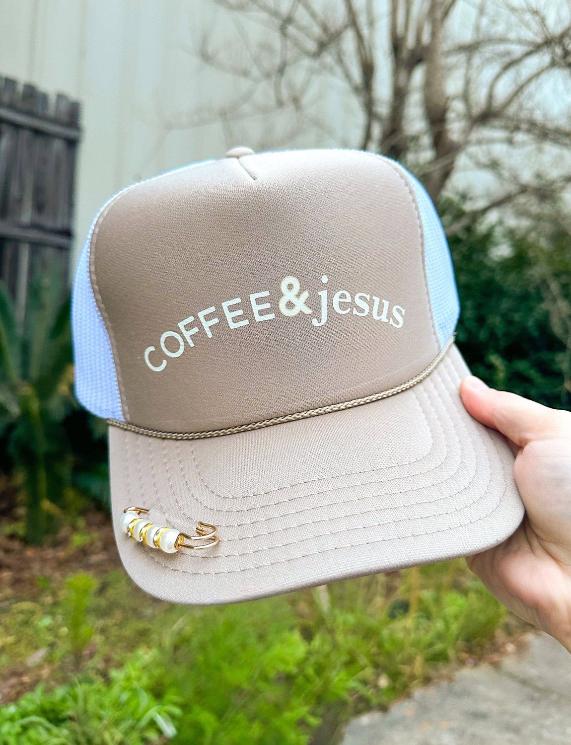Coffee &amp; Jesus Khaki/White Trucker