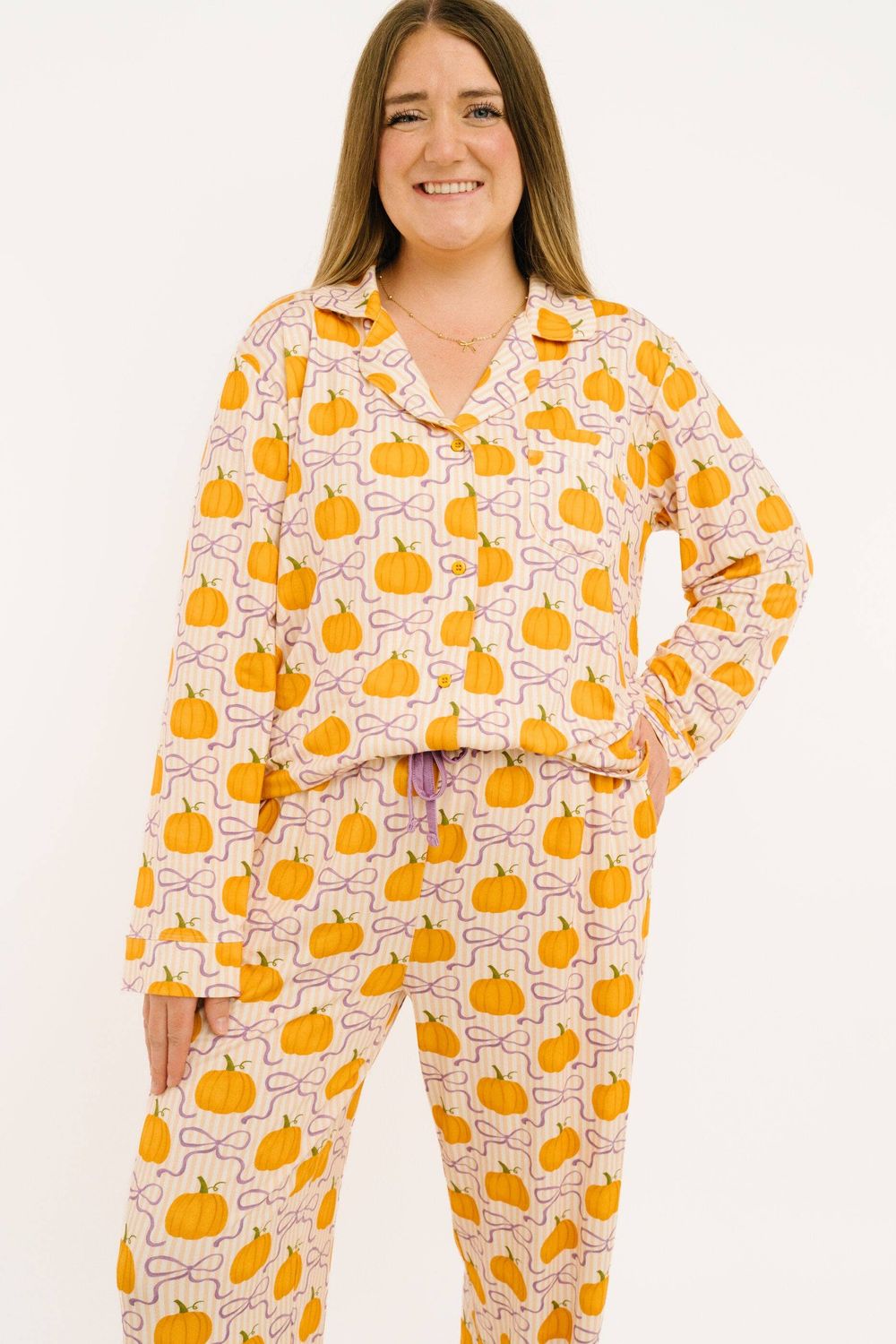 Pumpkin &amp; Bows Women's Button Up Long Sleeve Set