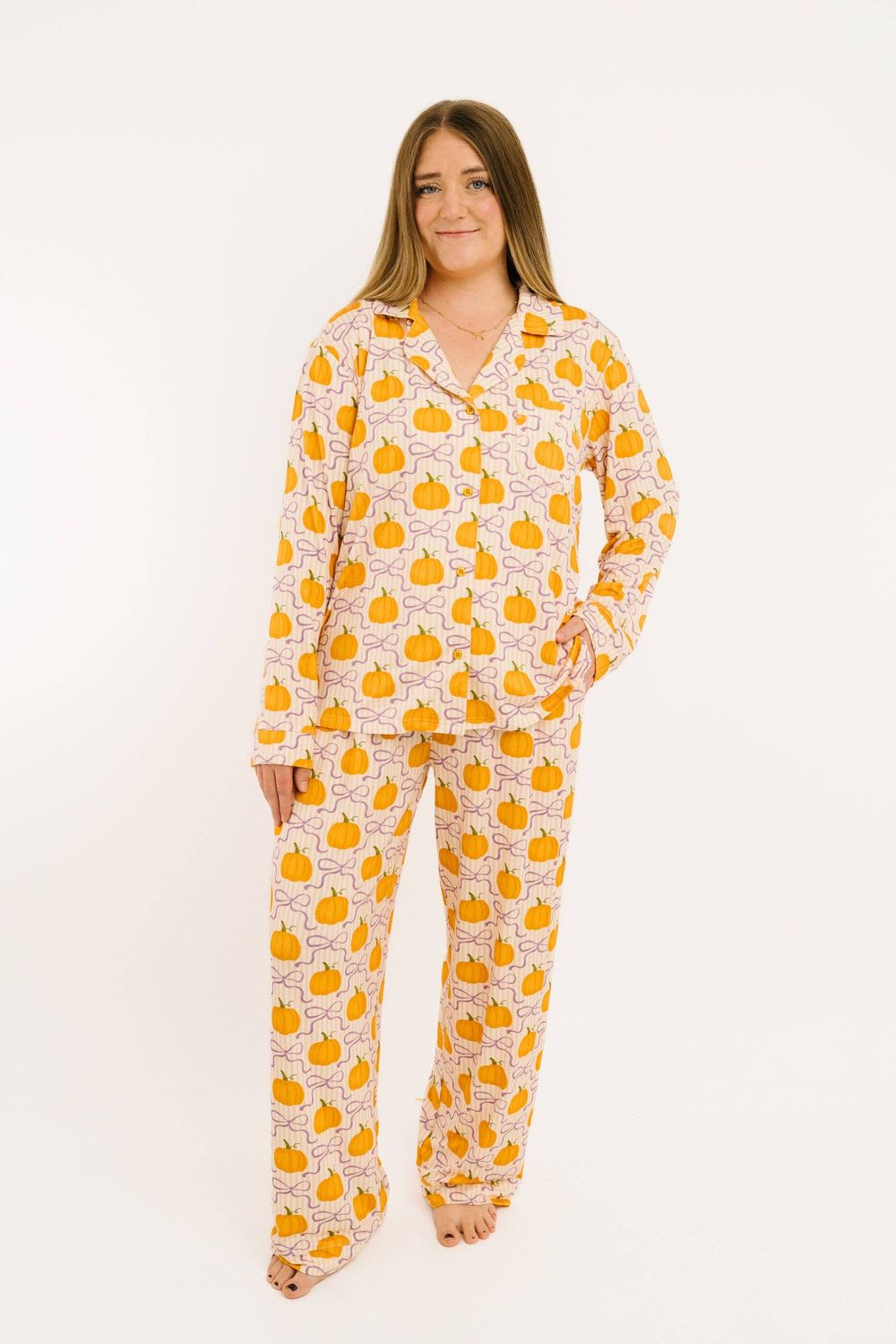 Pumpkin &amp; Bows Women's Button Up Long Sleeve Set