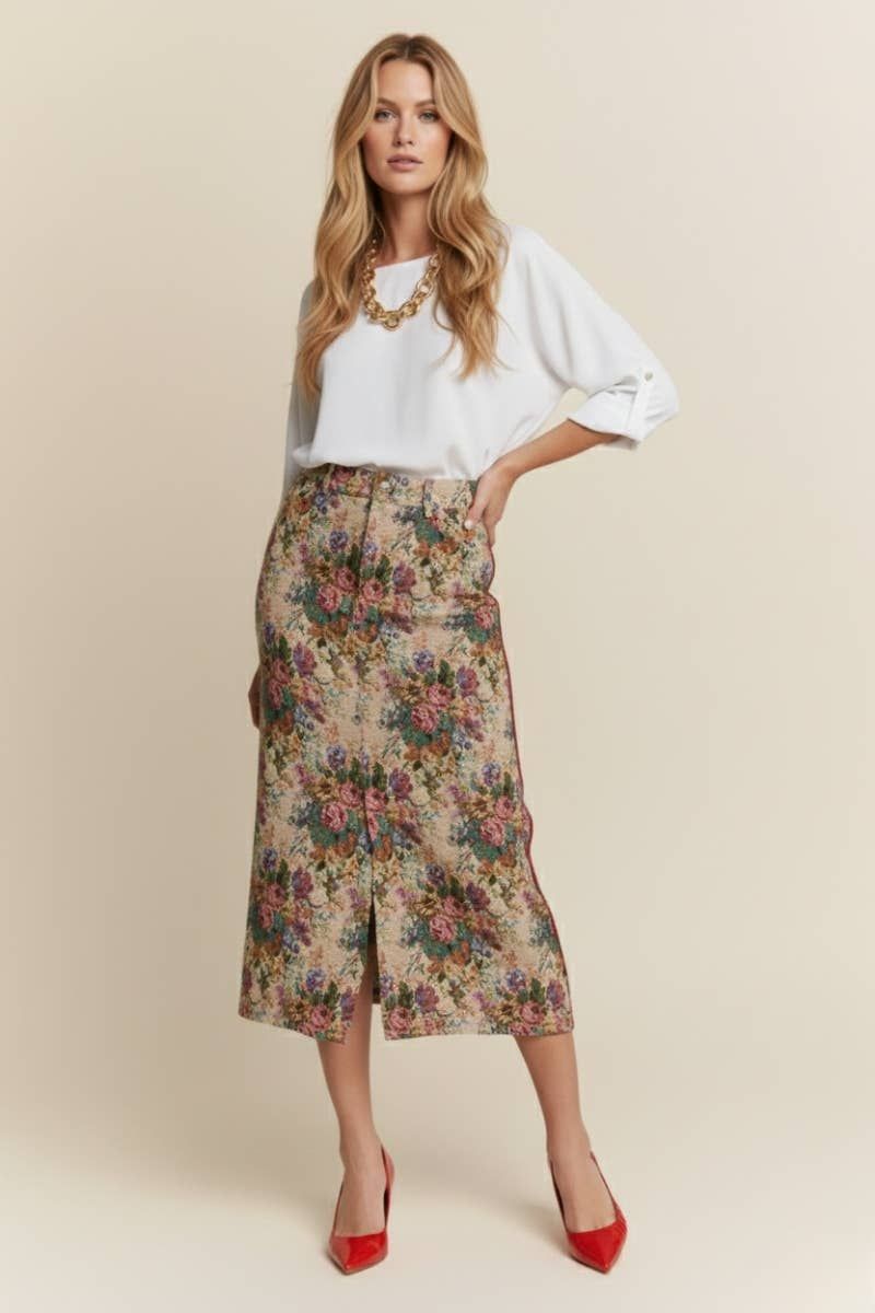 Vintage Floral Front Slit Midi Skirt(1)
