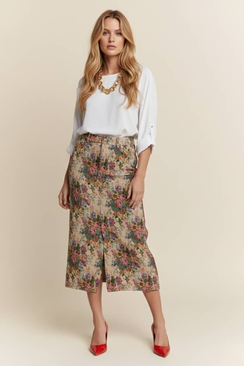 Vintage Floral Front Slit Midi Skirt(1)
