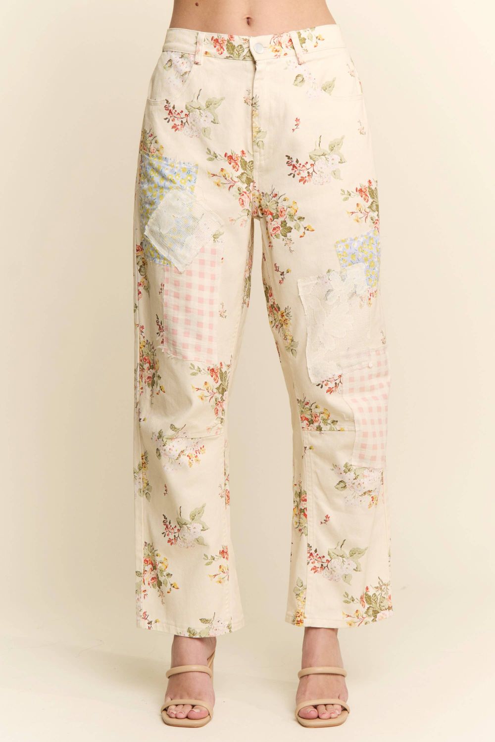 FLORAL PATTERN MUTI PATCHWORK BOTTOMS, Color: IVORY FLORAL, Size: S