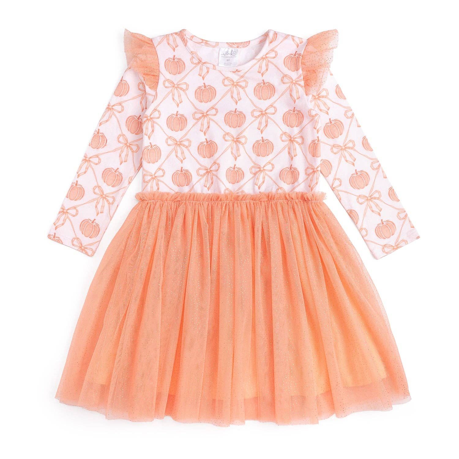 Pumpkin Bow Trellis Long Sleeve Tutu Dress - Kids Clothing, Size: 5Y