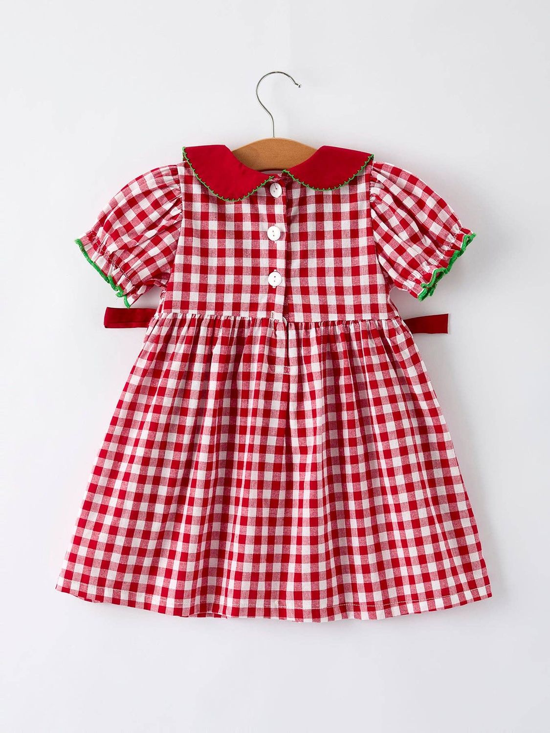 Girls Christmas Outfit – Red Plaid Dress with Tree Bow Accents