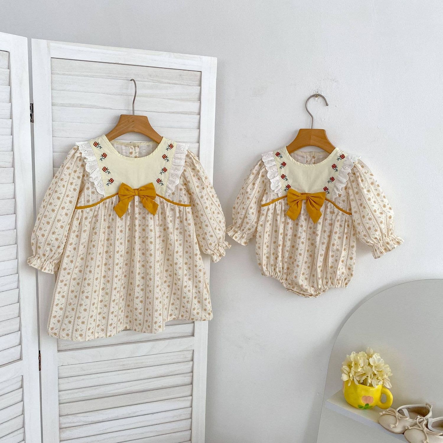 Yellow Floral Embroidered Baby Dress &amp; Romper