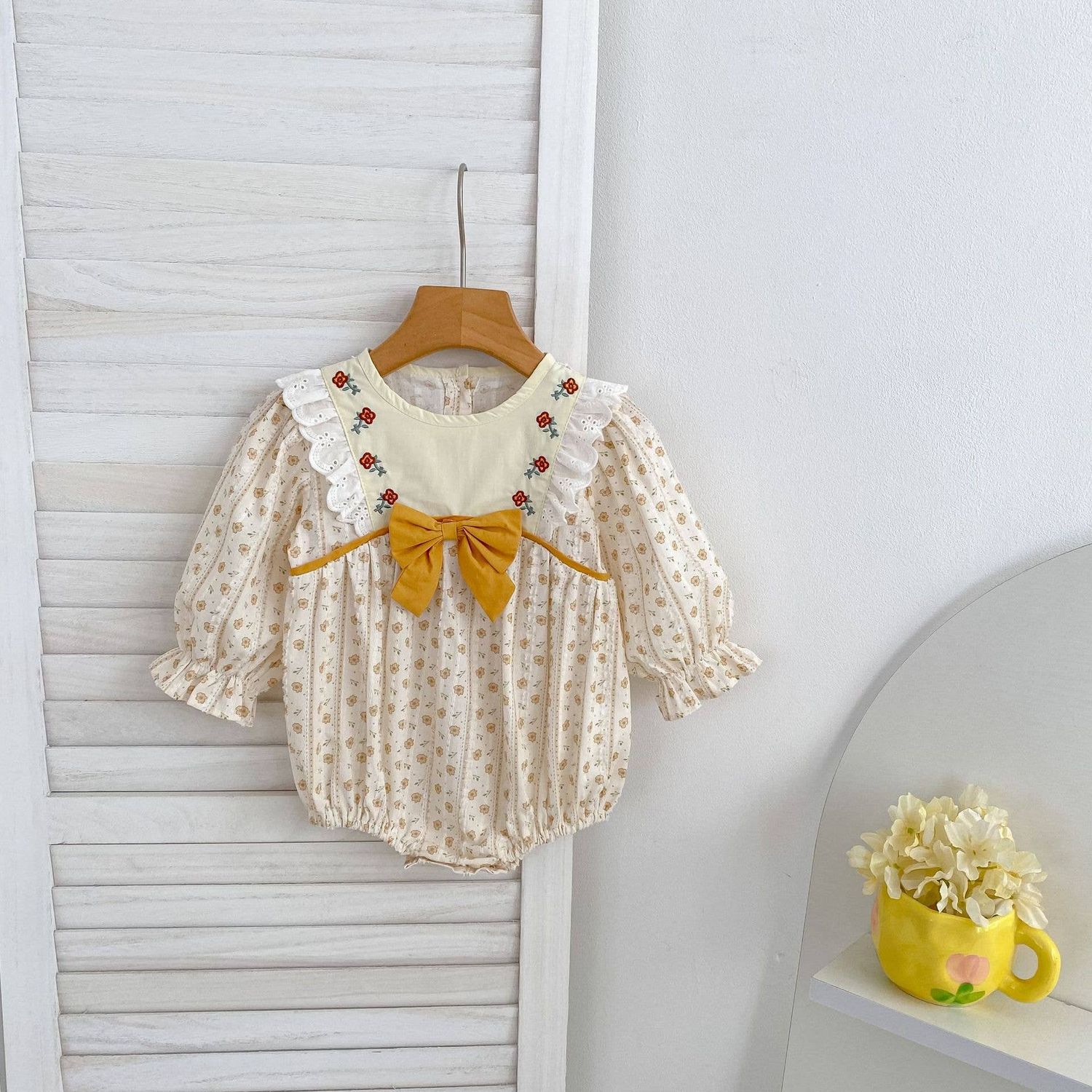 Yellow Floral Embroidered Baby Dress &amp; Romper