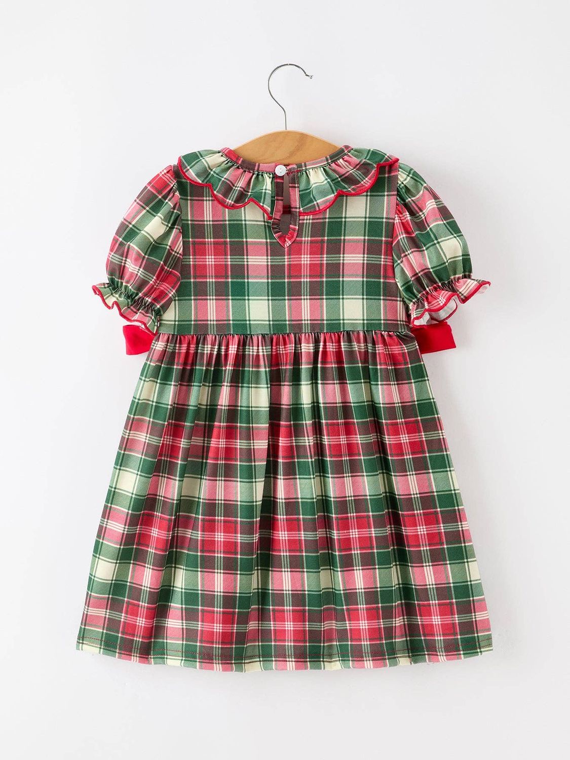 Christmas Girls Plaid Smocked Ruffle Collar Bow Dress