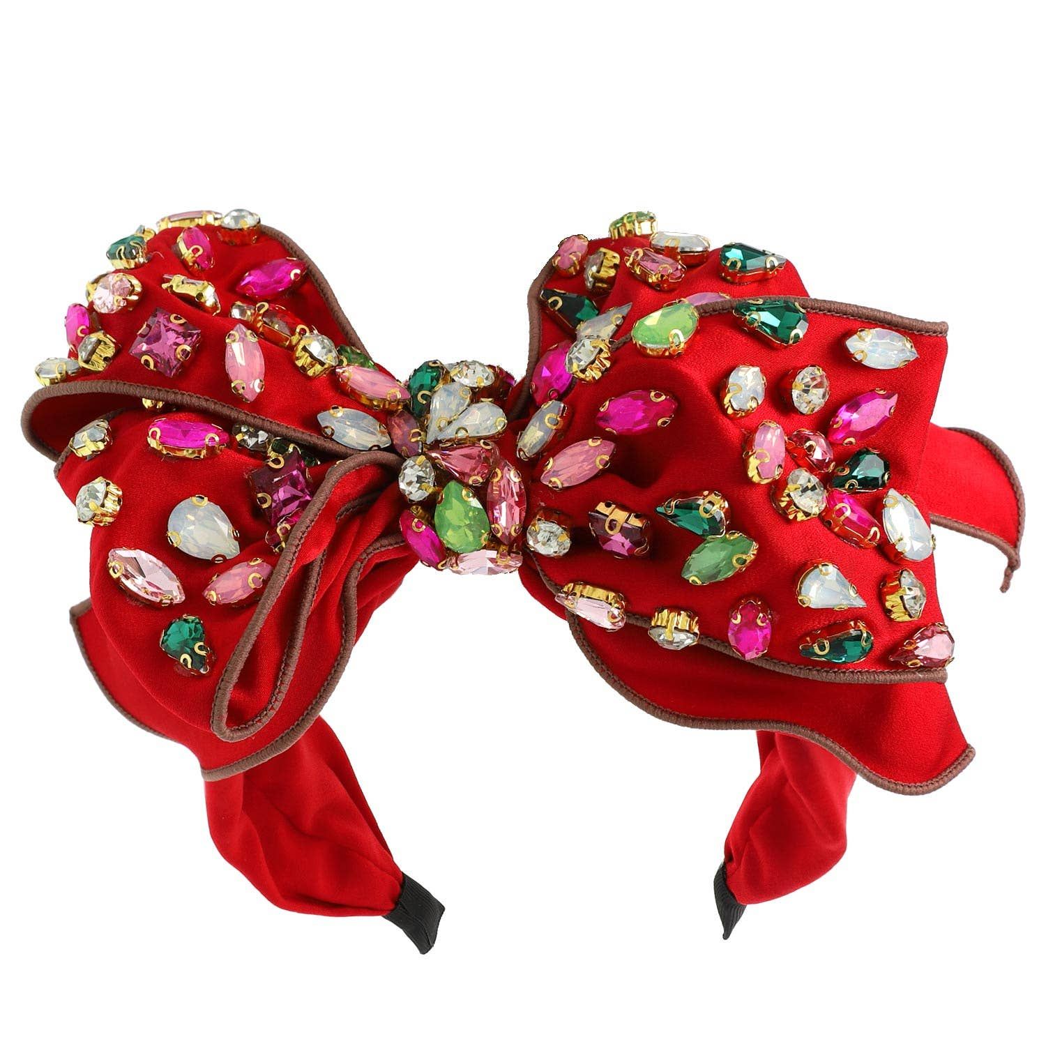 Holiday Gemstone Embellished Large Bow Headband, Color: Red