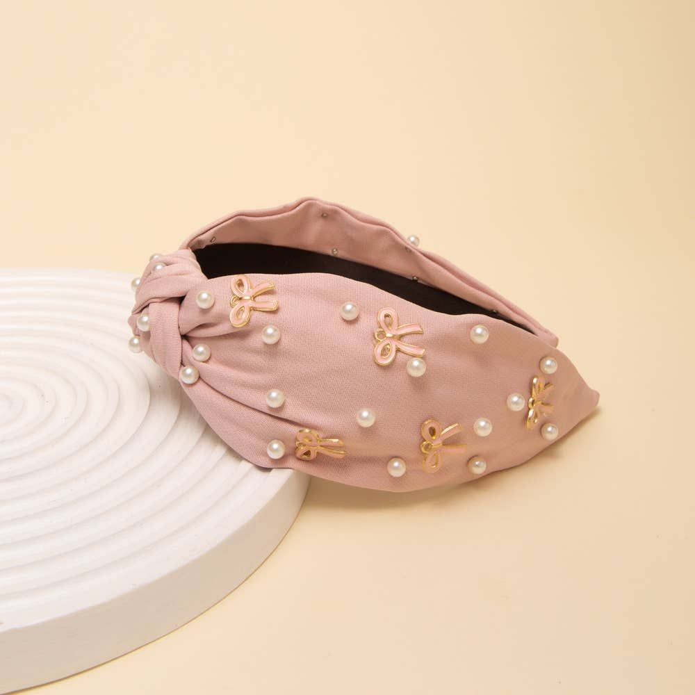 Pearl and Bow Embellished Top Knot Headband, Color: Pink