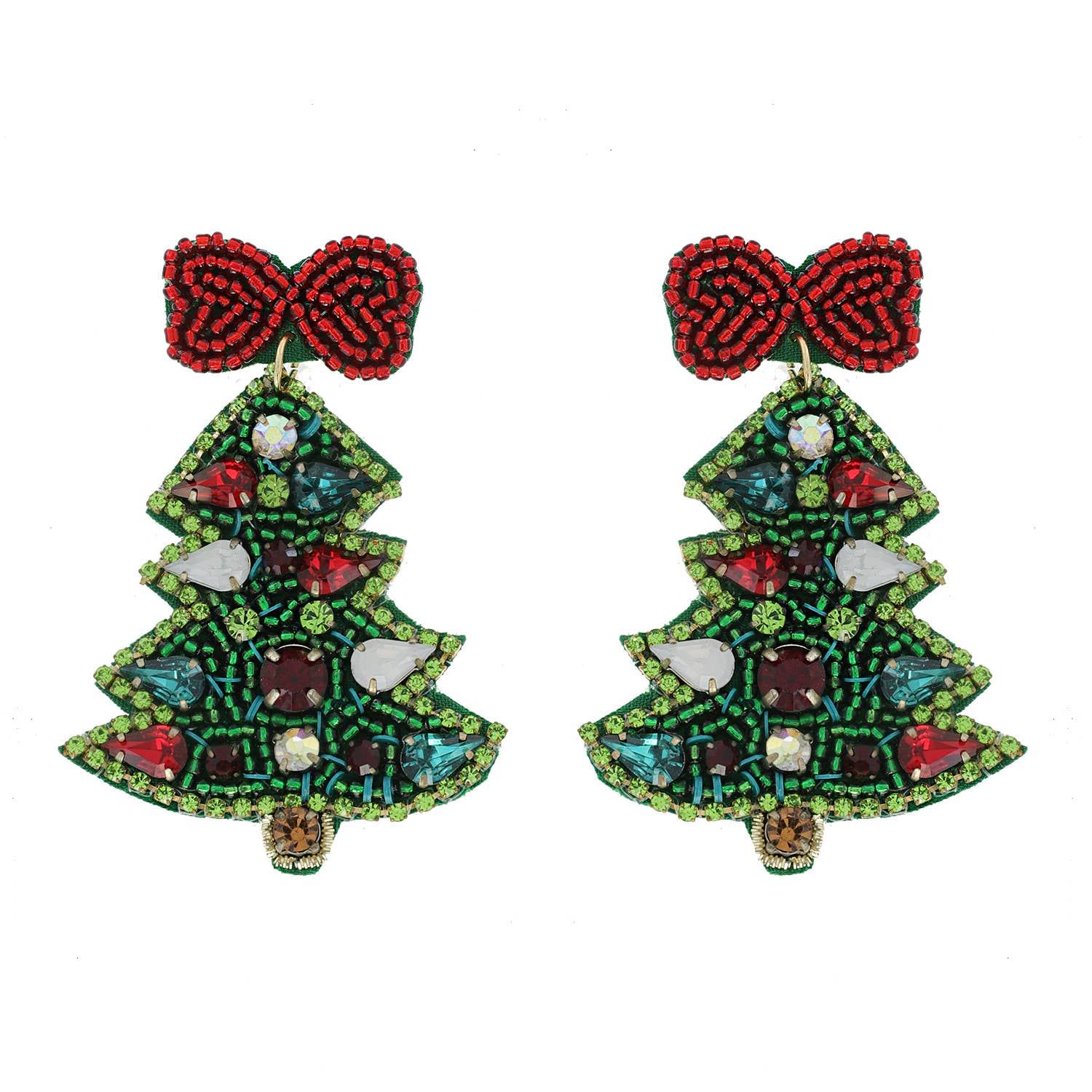 Jeweled Christmas Tree Beaded Embroidery Earrings