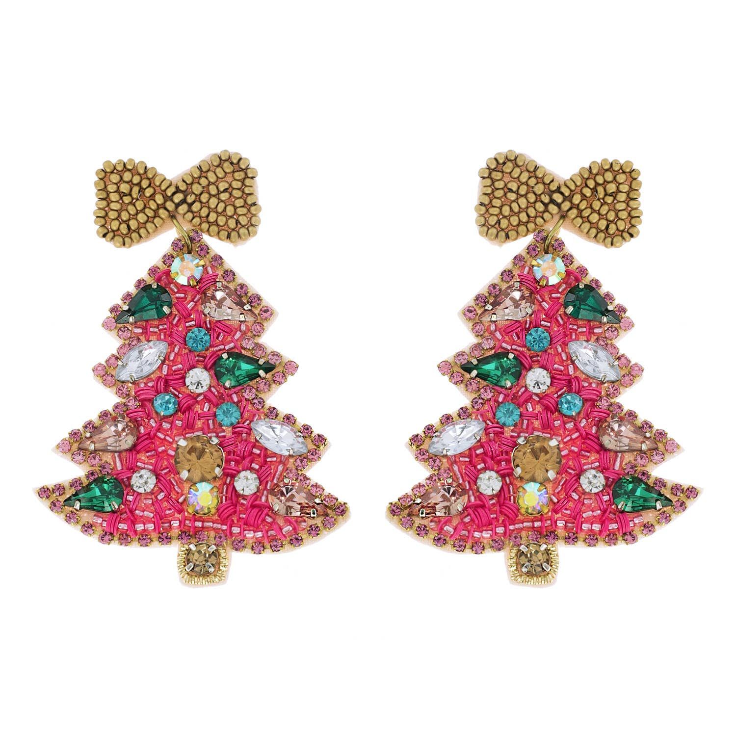 Jeweled Christmas Tree Beaded Embroidery Earrings, Color: Pink