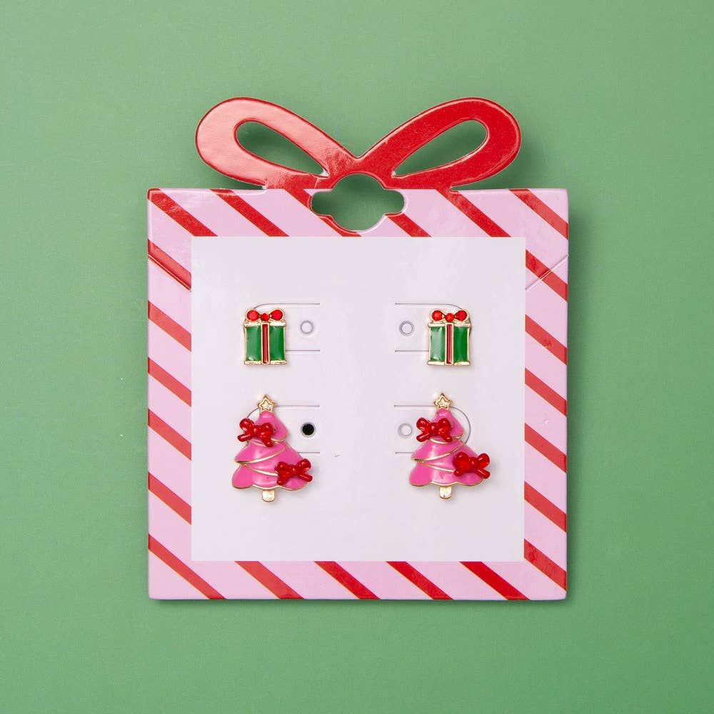 Christmas Tree and Present Enamel Post Earring Set, Color: Pink