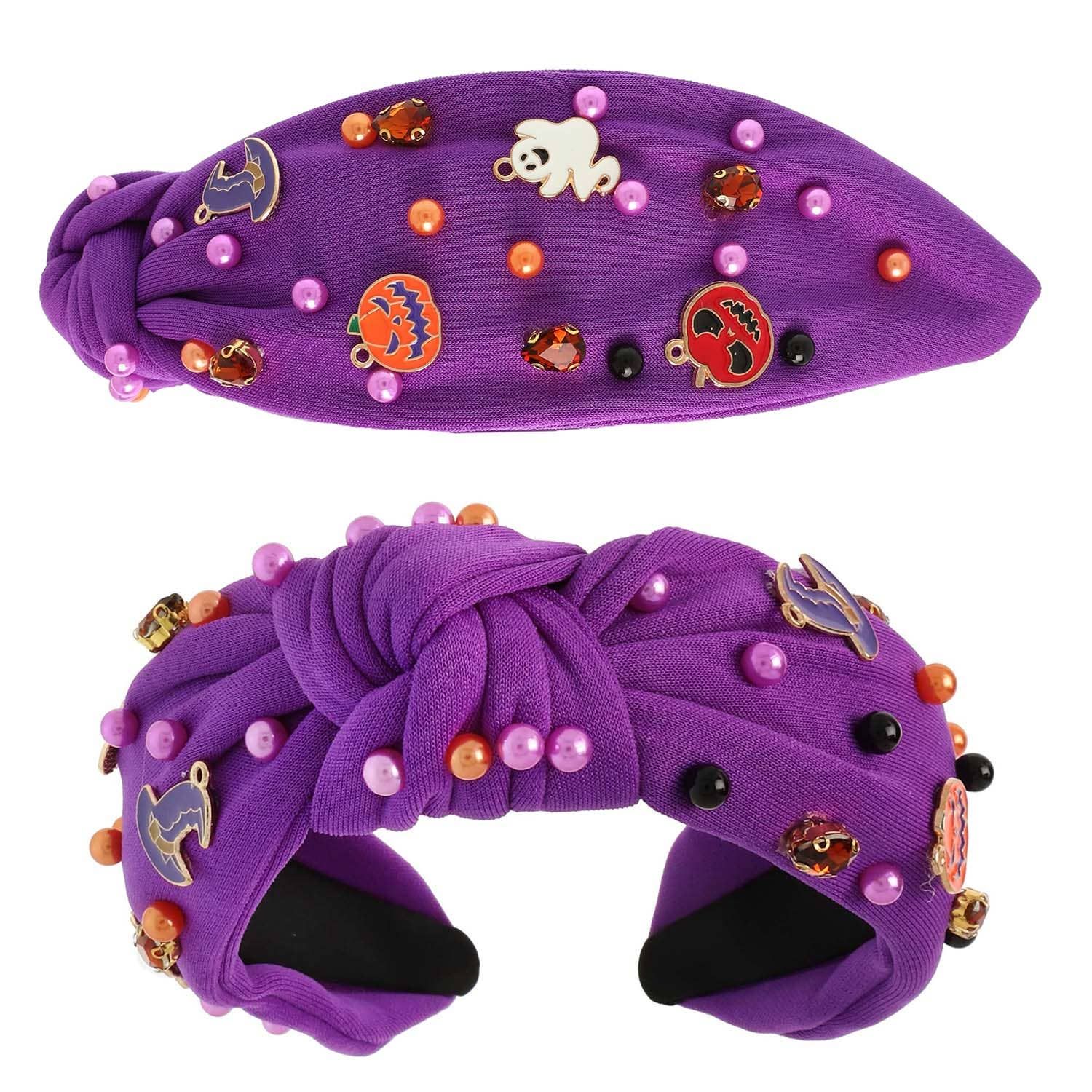 Halloween Top Knot Headband with Pumpkin, Ghost, and Witch, Color: Purple