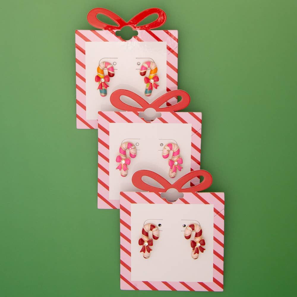 Christmas Enamel Bowed Candy Cane Post Earrings