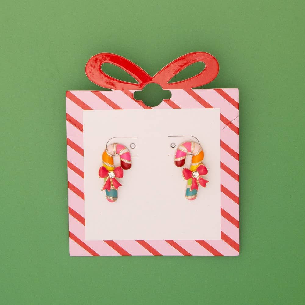 Christmas Enamel Bowed Candy Cane Post Earrings