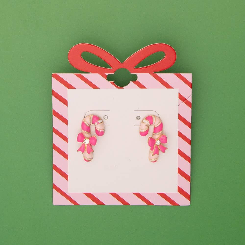Christmas Enamel Bowed Candy Cane Post Earrings, Color: Pink