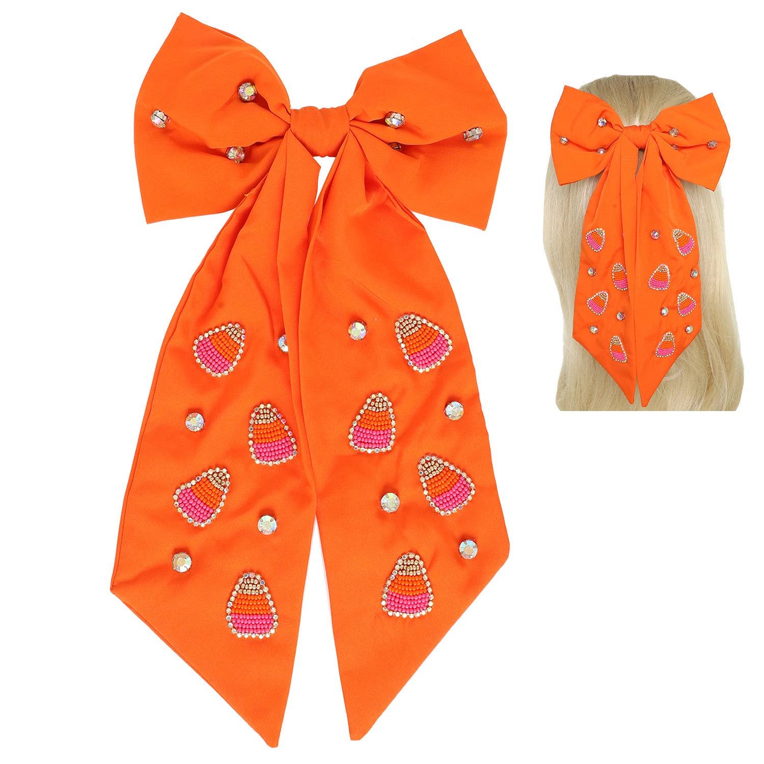 Candy Corn Jeweled Bow Barrette Hair Clip, Color: Orange