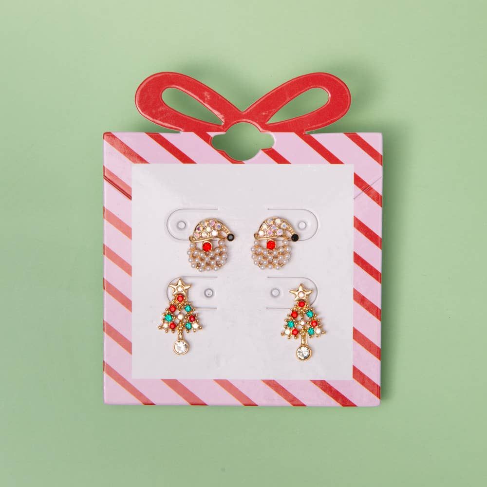 Holiday Earring Set with Pearl Santa Claus and Christmas